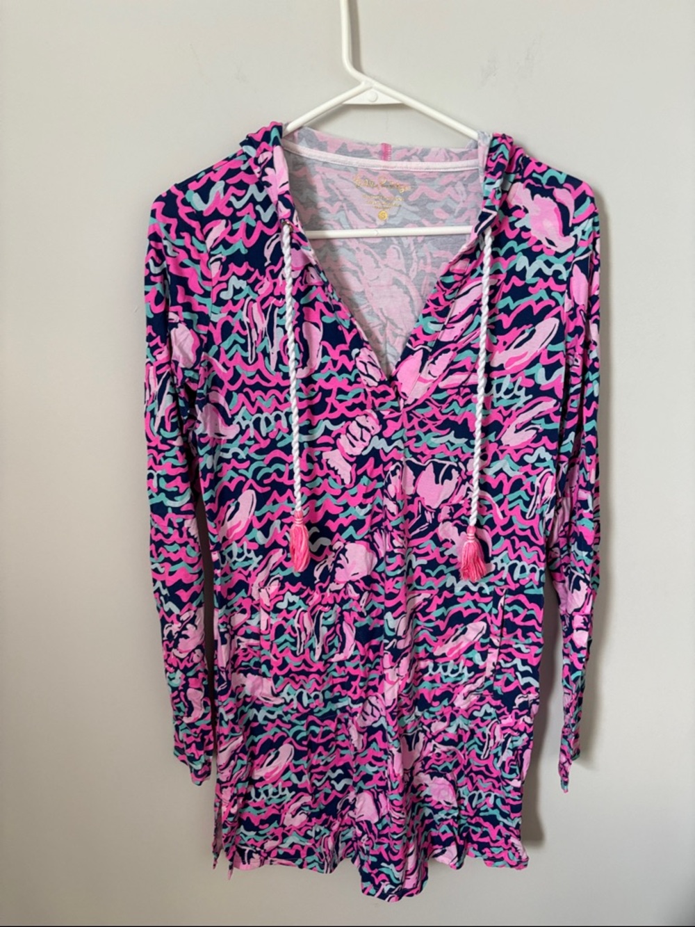Lilly Pulitzer Pink Navy & Aqua Floral Hooded Swim Coverup